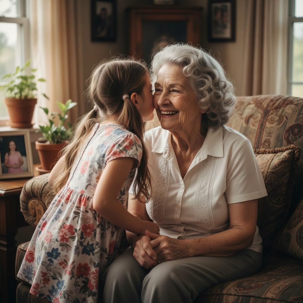 Una bambina dà un bacio sulla guancia alla nonna sorridente seduta sul divano in salotto.